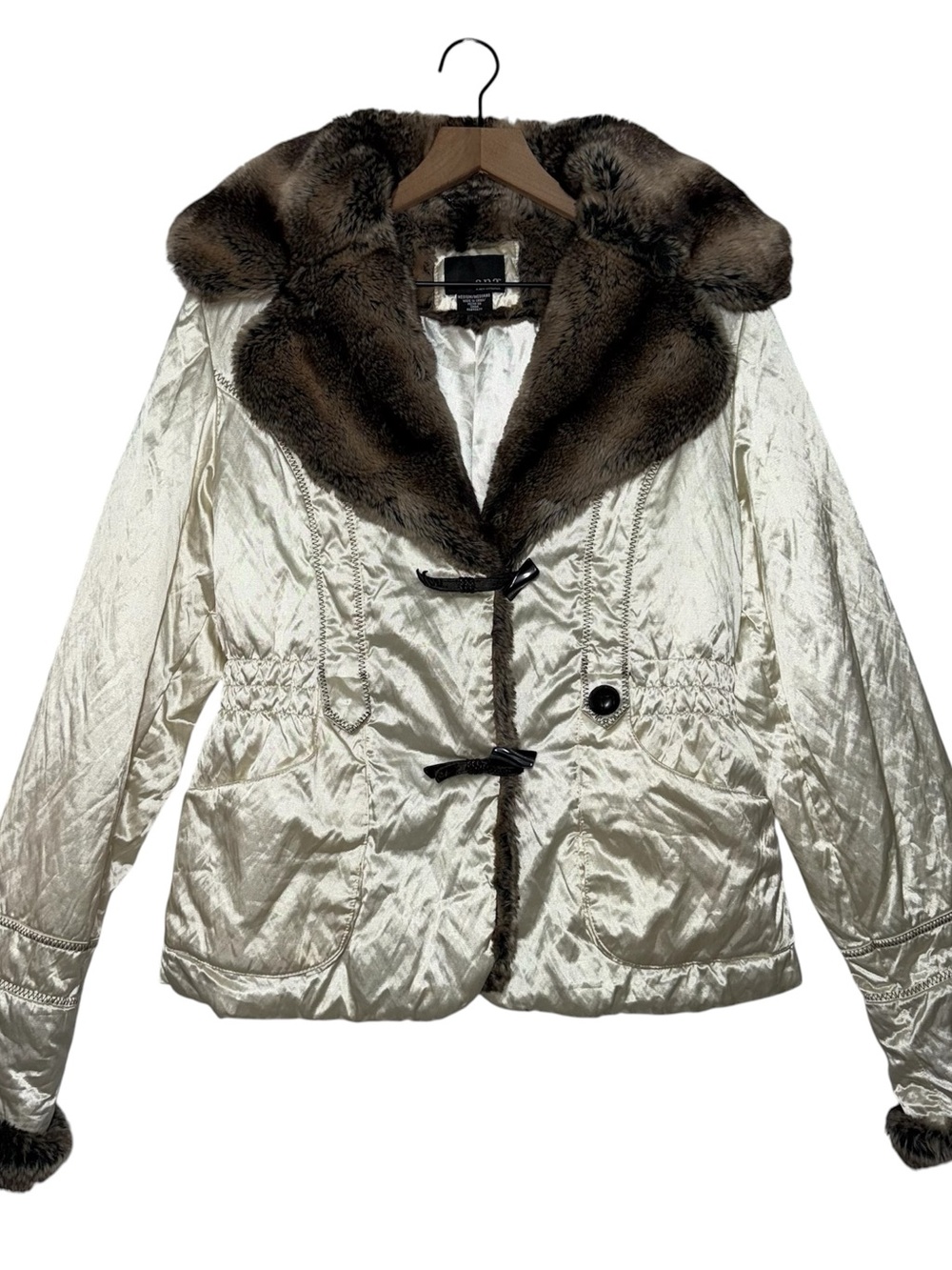 Vtg Y2K Iridescent White Ski Jacket Faux Fur Collar Cuffs Winter Coat Preppy